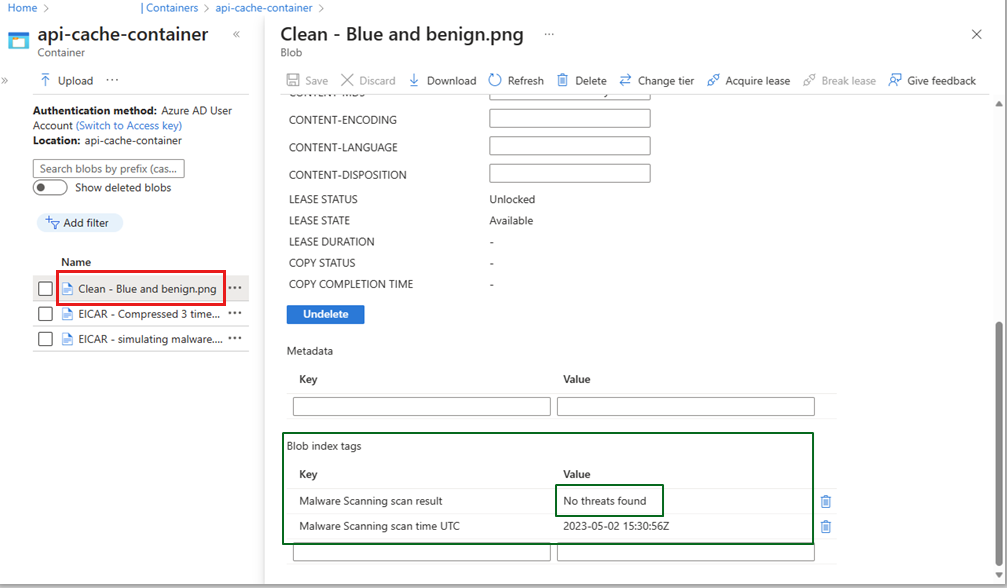 Screenshot that shows an example of a blob index tag.