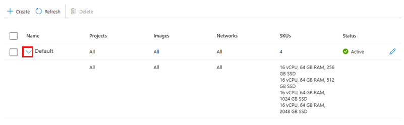 Screenshot showing the summary of a default project policy in the Azure portal.
