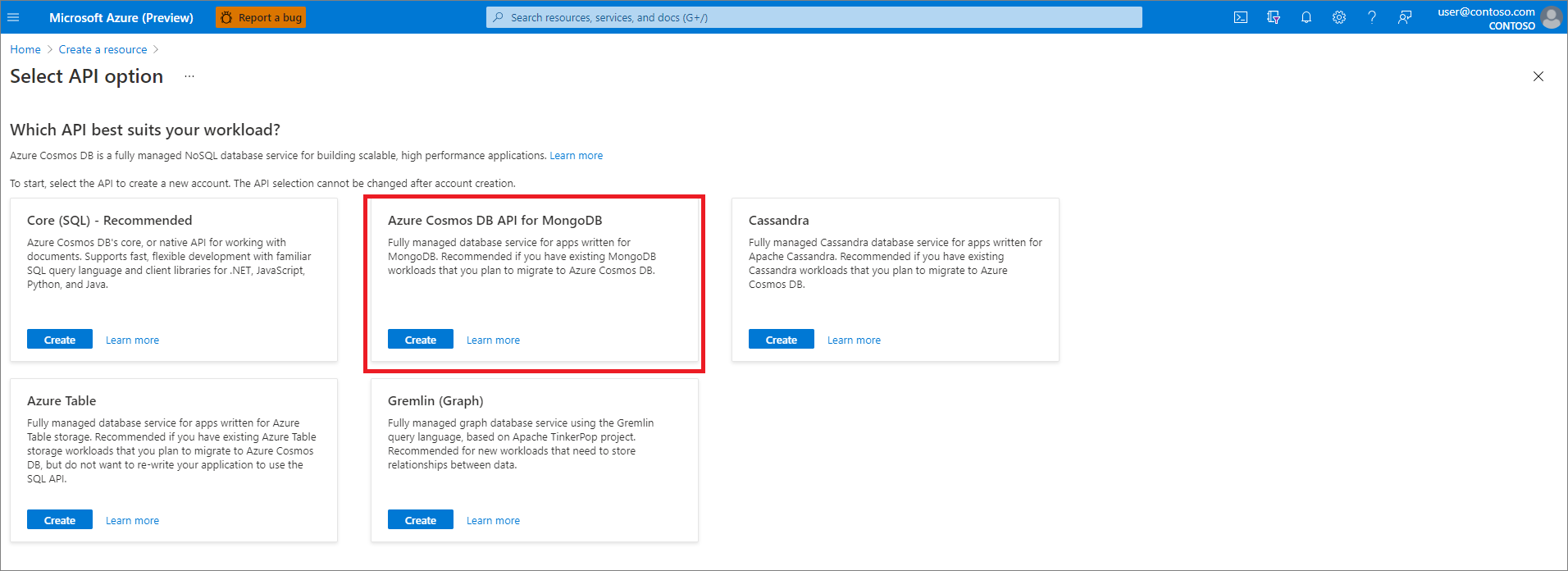 Azure portal, create a resource, select API option, Azure Cosmos DB for MongoDB selected.