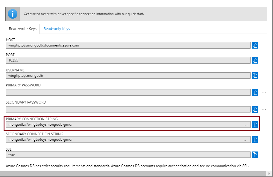 Retrieve your Azure Cosmos DB connection string.