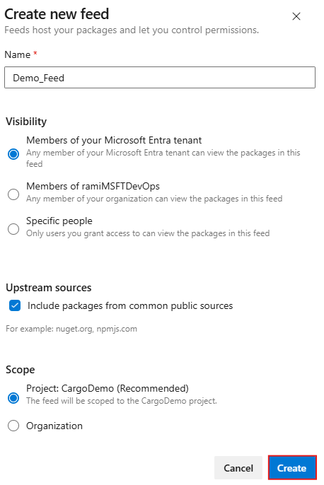 A screenshot showing how to create a new feed with upstream sources enabled in Azure Artifacts.