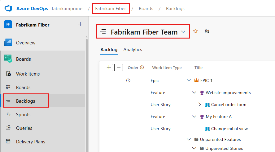 Screenshot shows backlog items for a selected team.