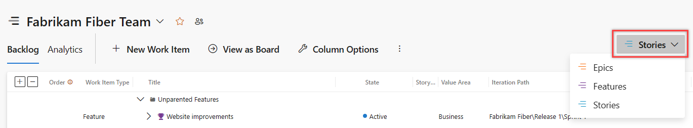 Select product backlog level, Backlog items, Stories, or Requirements.