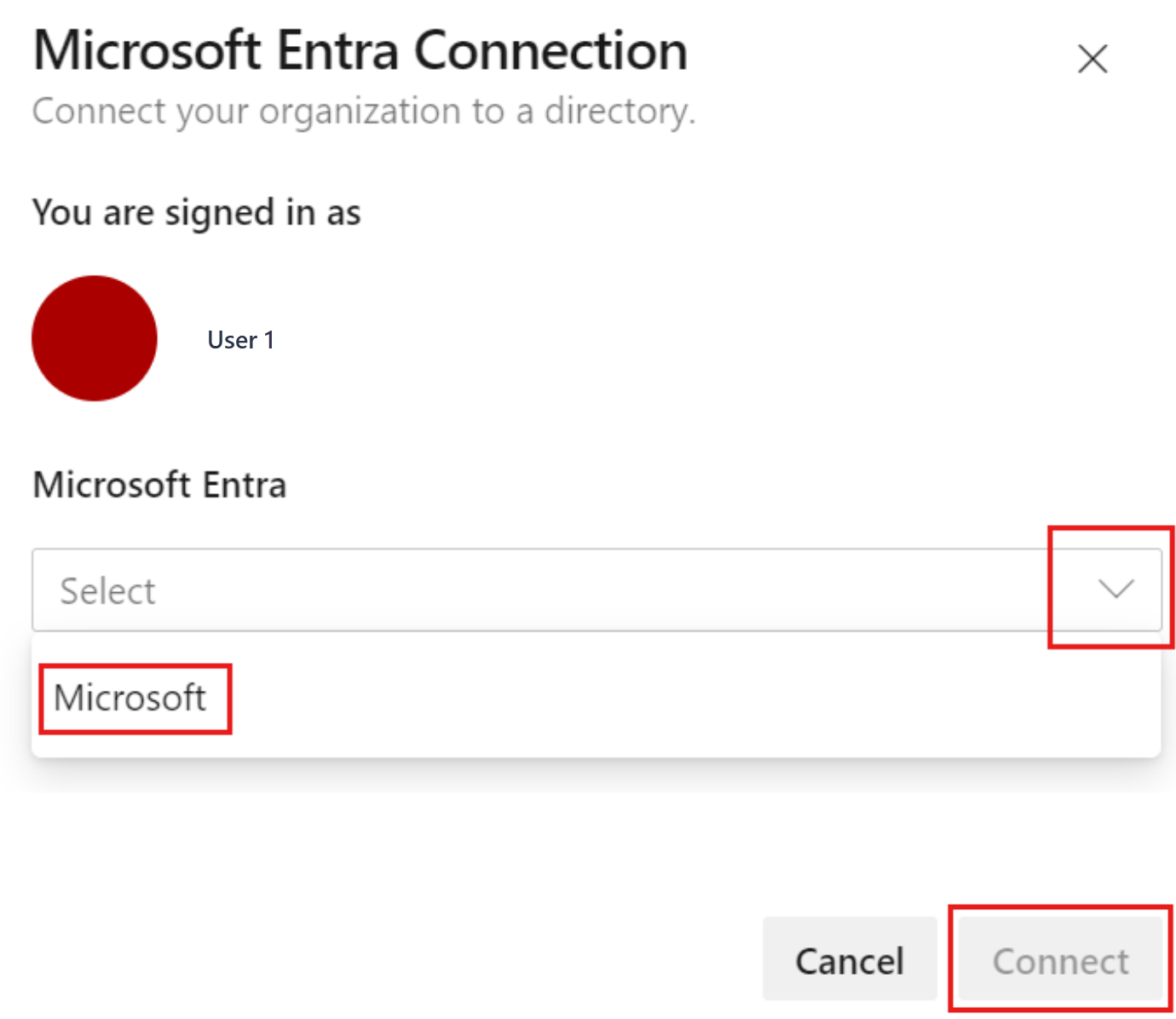 Screenshot showing Microsoft Entra dropdown menu, and then Connect button emphasized.