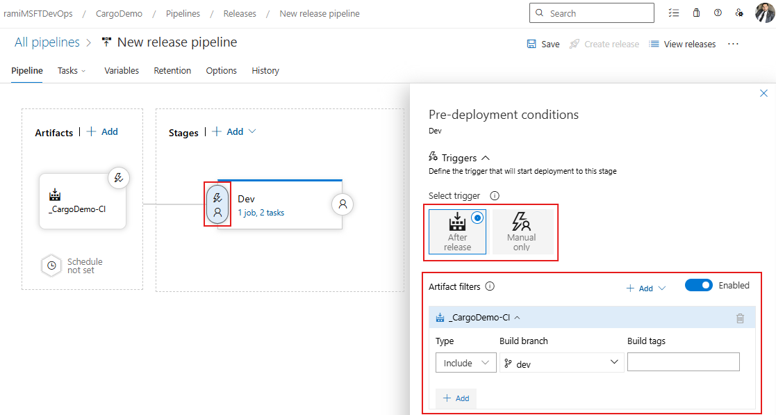 A screenshot displaying how to set up the pre-deployment conditions in a Classic release pipeline.