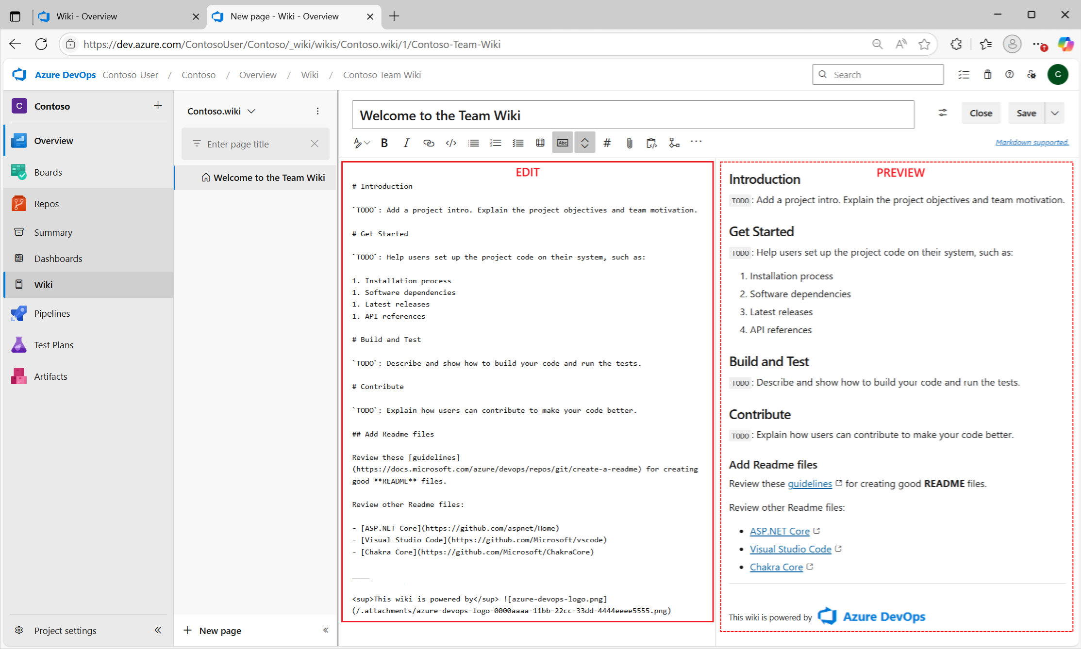 Screenshot of the Wiki home page in Azure DevOps showing the side-by-side experience where you can Edit page content and Preview your changes at the same time.