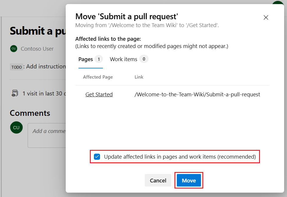 Screenshot that shows how to have the system adjust any page links caused by a page move in the wiki sequence.