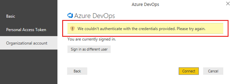 Screenshot that shows an error about an unsuccessful authentication attempt.