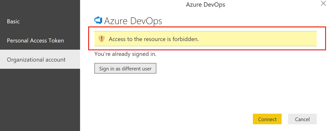 Screenshot that shows an error message about access to the resource being forbidden.