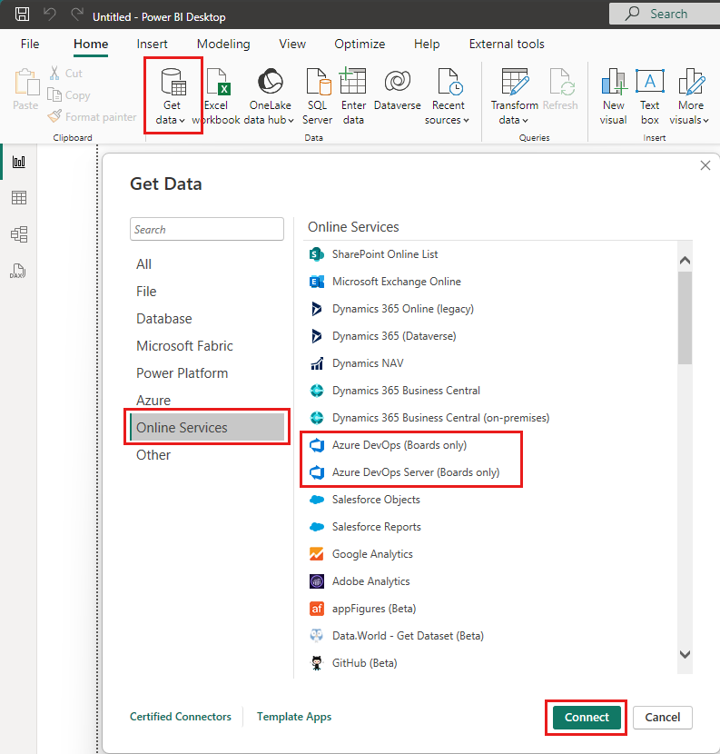 Screenshot of Power BI with Get data, Online Services, and the Azure DevOps services highlighted.