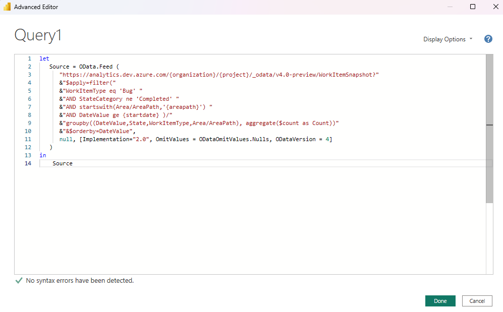 Screenshot of Power BI, Advanced Editor, Pasted Query.
