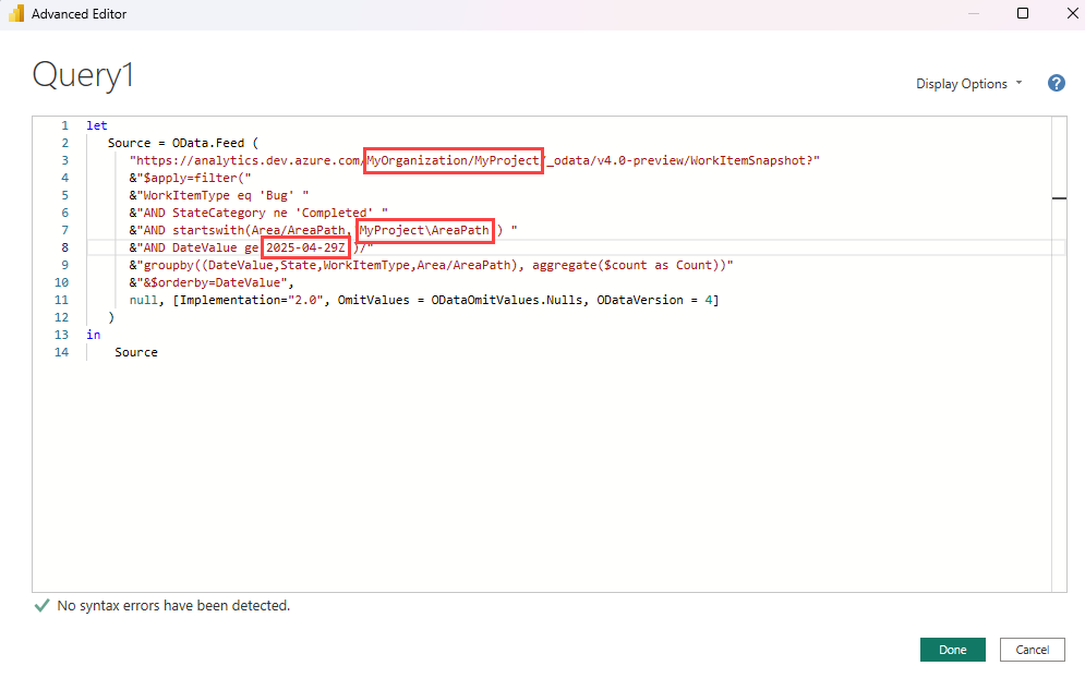 Screenshot of Power BI, Advanced Editor, Replaced Strings in Query.