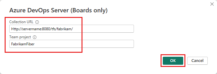 Screenshot of the Azure DevOps Server (Boards only) dialog. The Collection URL and Team project fields and the OK button are highlighted.
