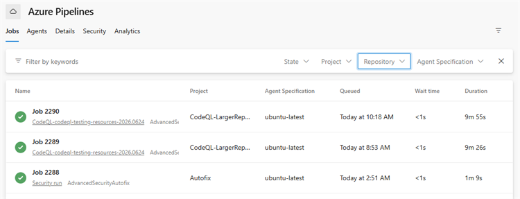 Screenshot of the agent pool job log view with the State and Repository filters.