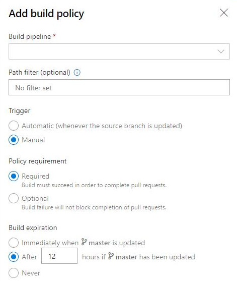 Screenshot of the Add build policy dialog box with the Build expiration section.