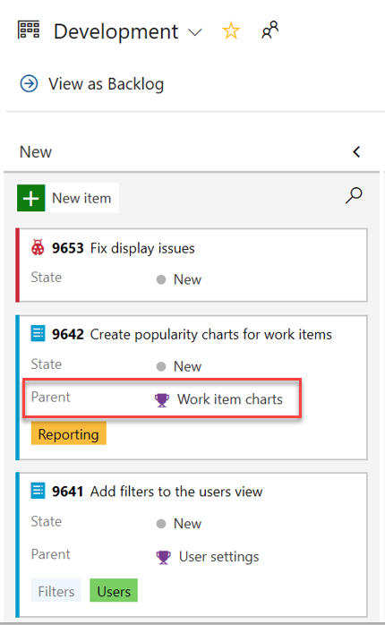 Screenshot showing a work item card with the Parent option called out.