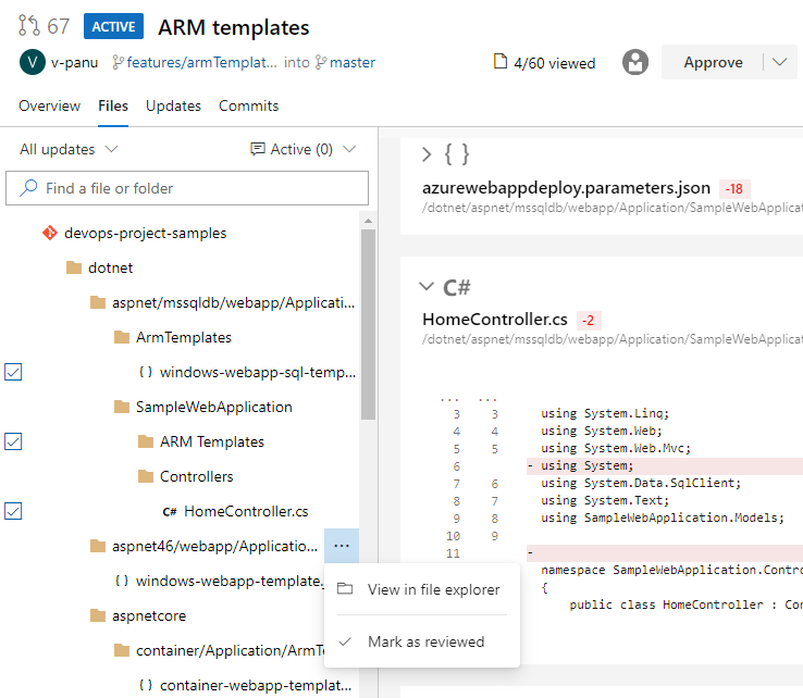 Screenshot showing a project with the View in file explorer and Mark as reviewed options visible.