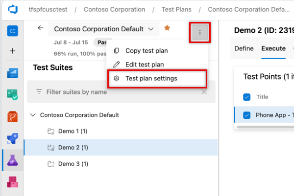 Screenshot showing the More actions menu with the Test plan settings option.