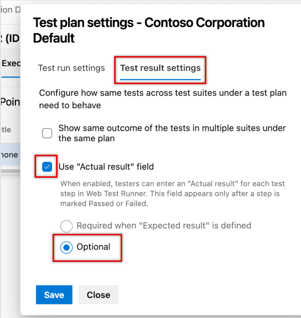 Screenshot showing the Test result settings tab with the Actual Result field options.