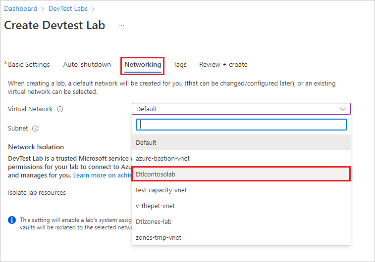 Screenshot that shows selecting a virtual network.