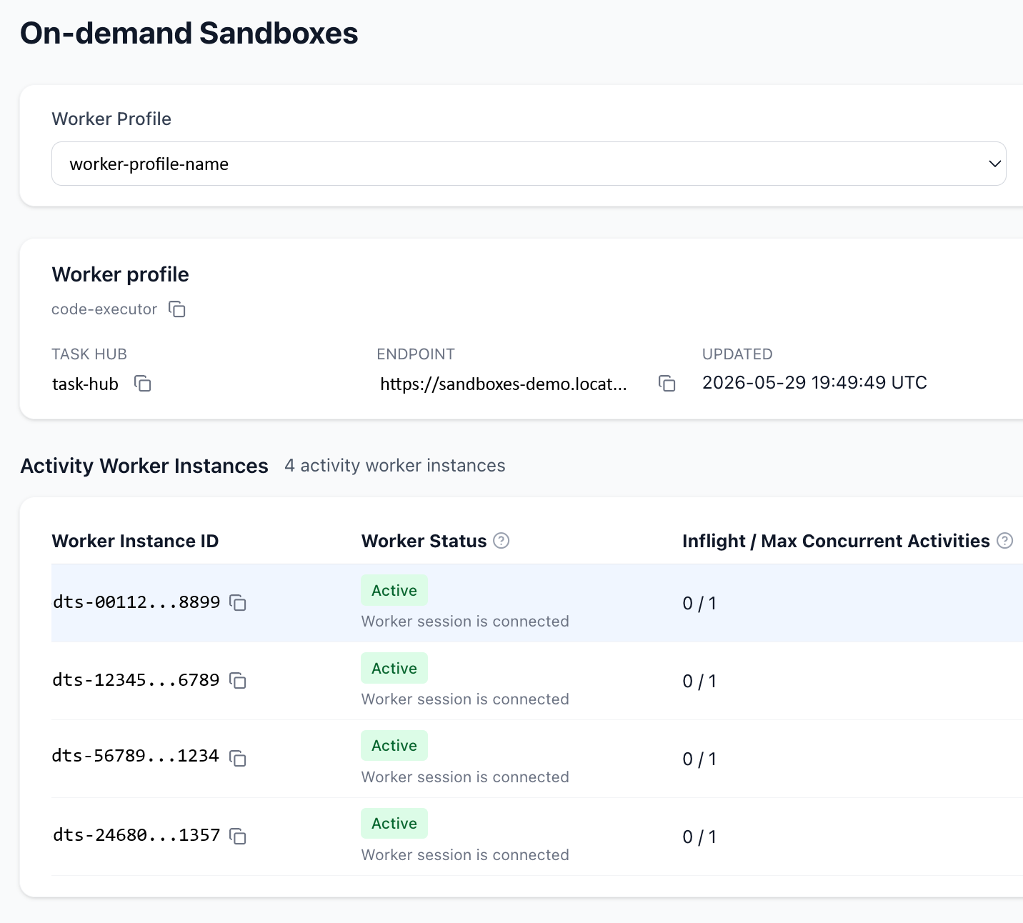 Screenshot of the Durable Task Scheduler dashboard showing a list of on-demand sandboxes.
