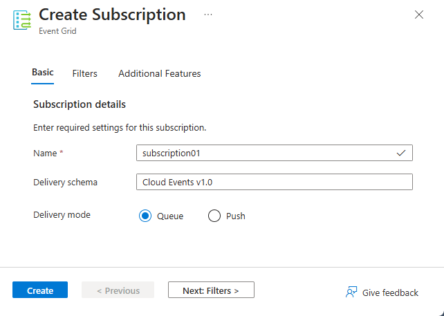 Screenshot showing Event Grid event subscription create basics.