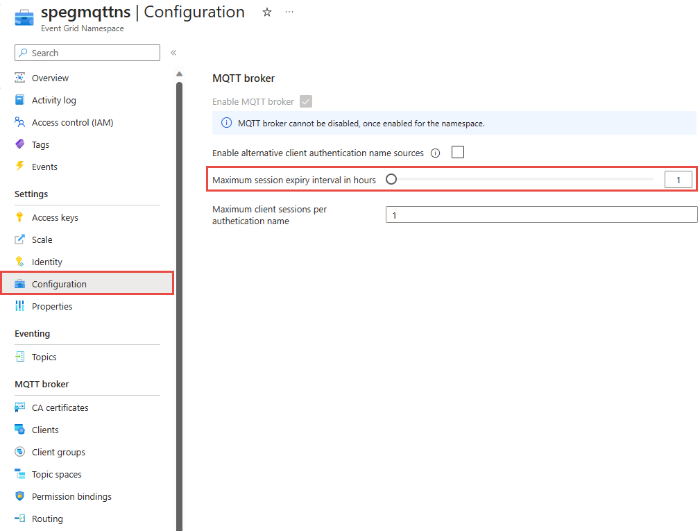 screenshot for the maximum session expiry interval configuration.