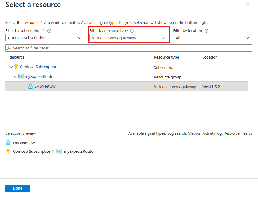 Screenshot of the selecting ExpressRoute virtual network gateway from the select a resource page.