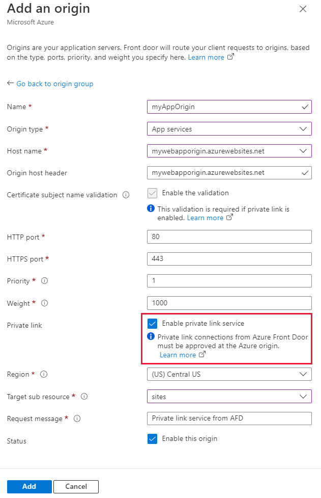 Screenshot of enabling private link.
