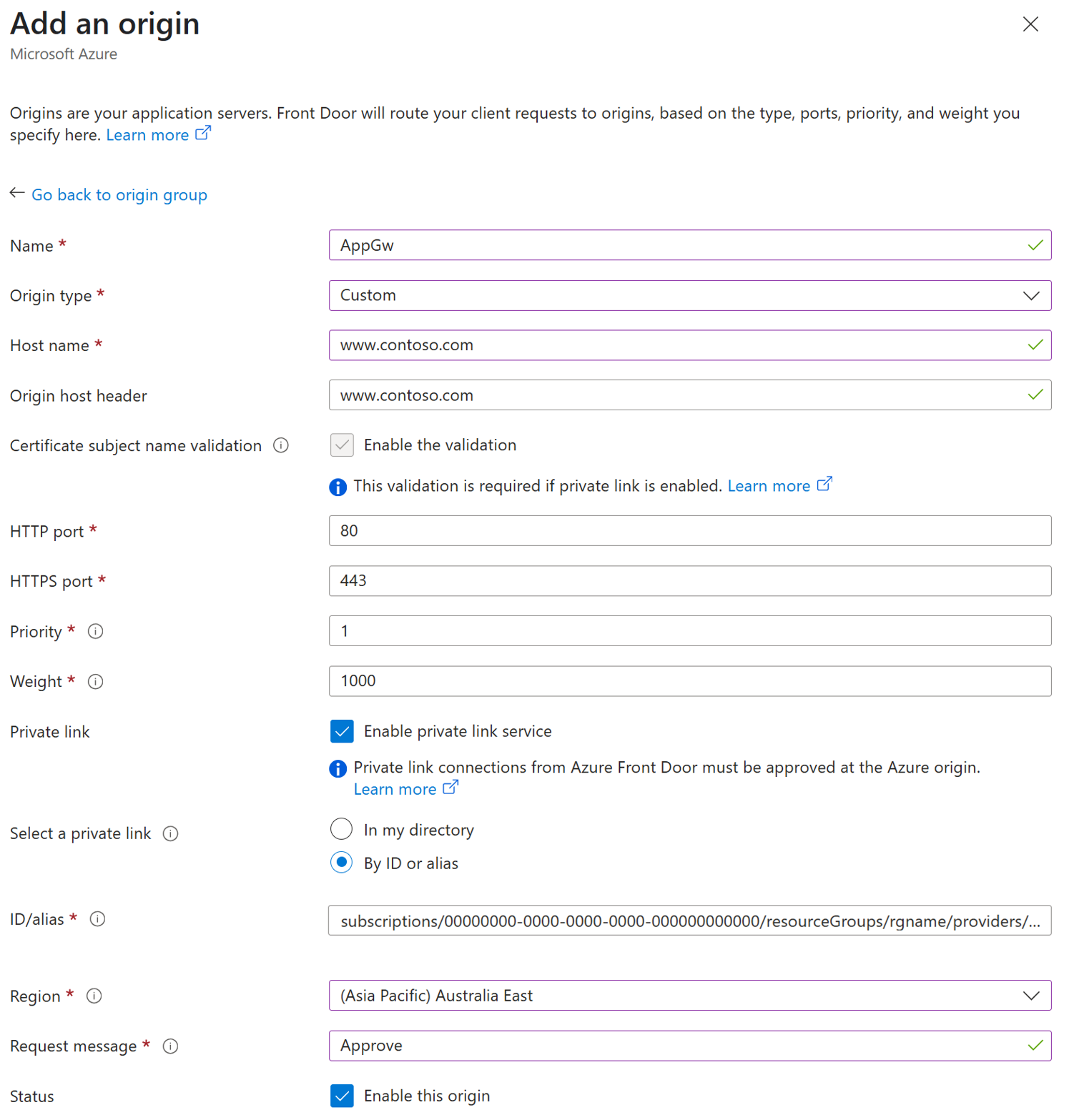 Screenshot of origin settings for configuring Application Gateway as a private origin.