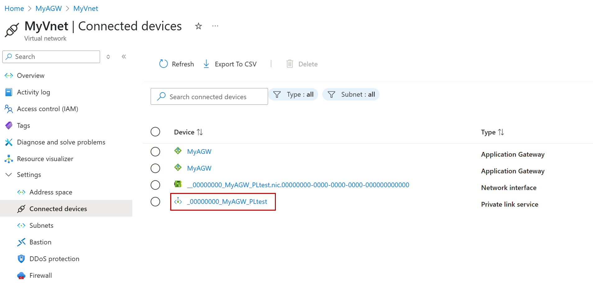 Screenshot of the Connected Devices tab within the Application gateway virtual network.