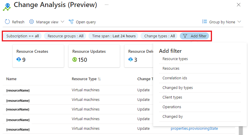 Screenshot of the filters available for Change Analysis that help narrow down the Change Analysis results.