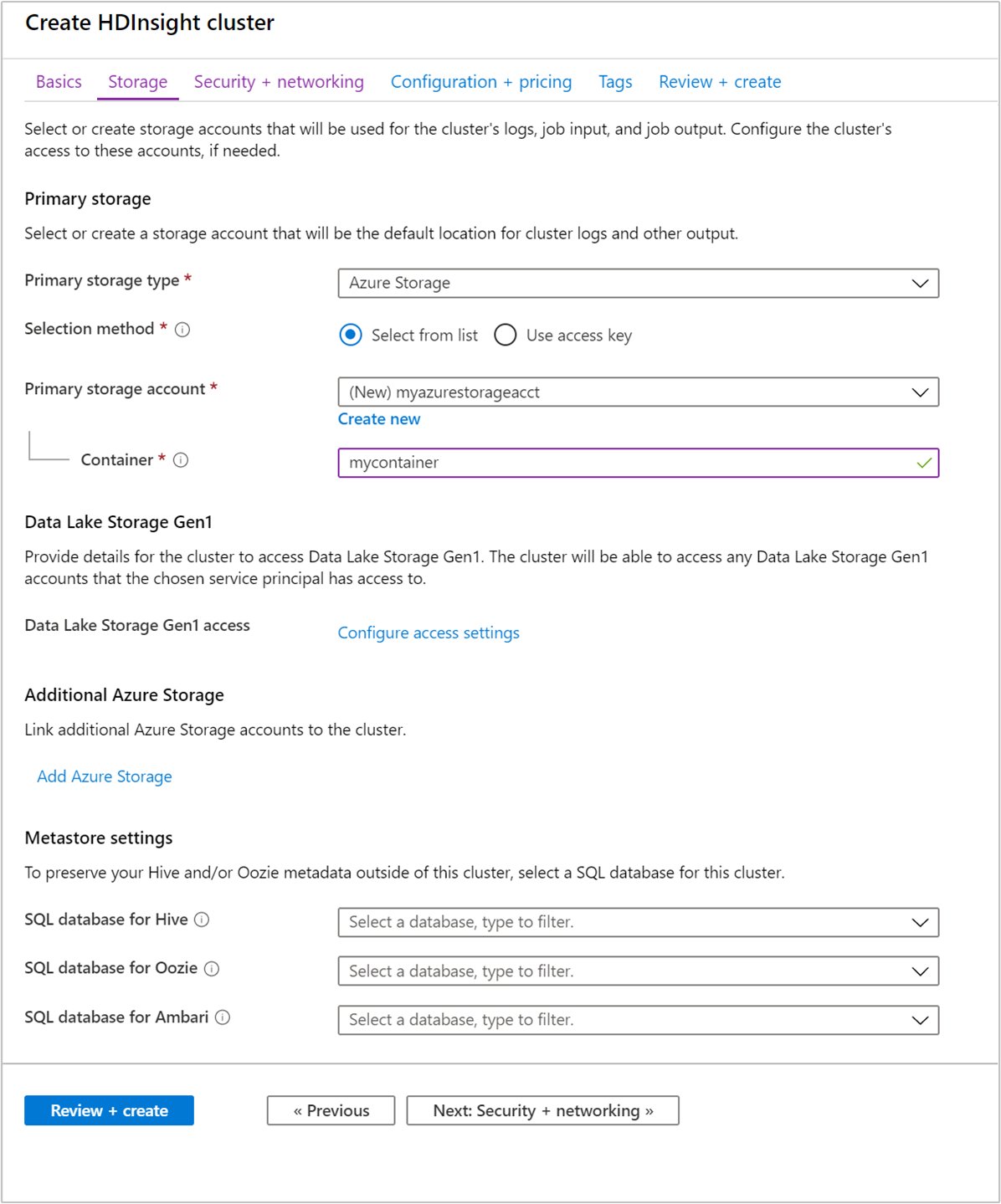 Cluster storage settings: HDFS-compatible endpoints.