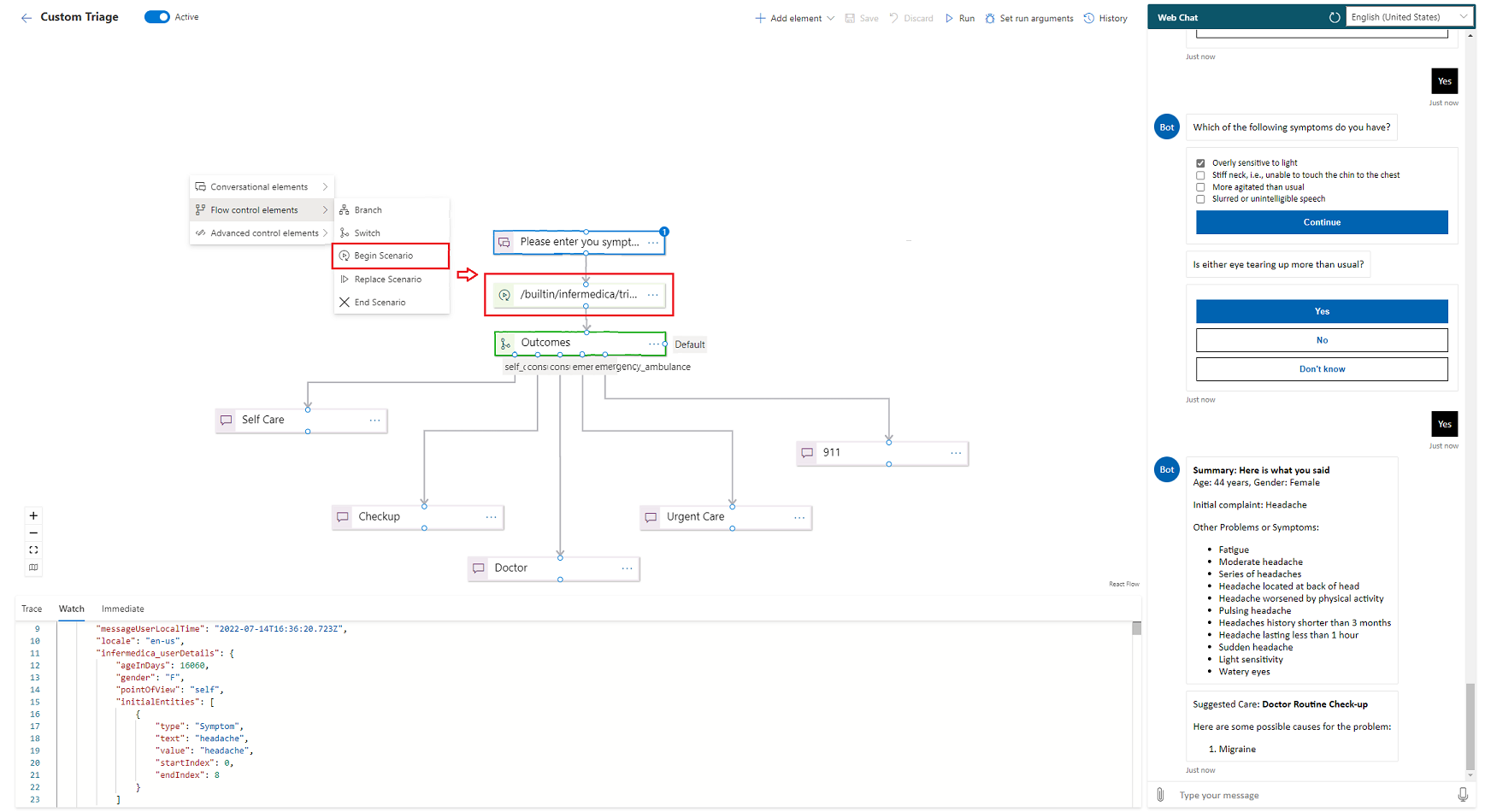 Screen shot of an extended triage scenario