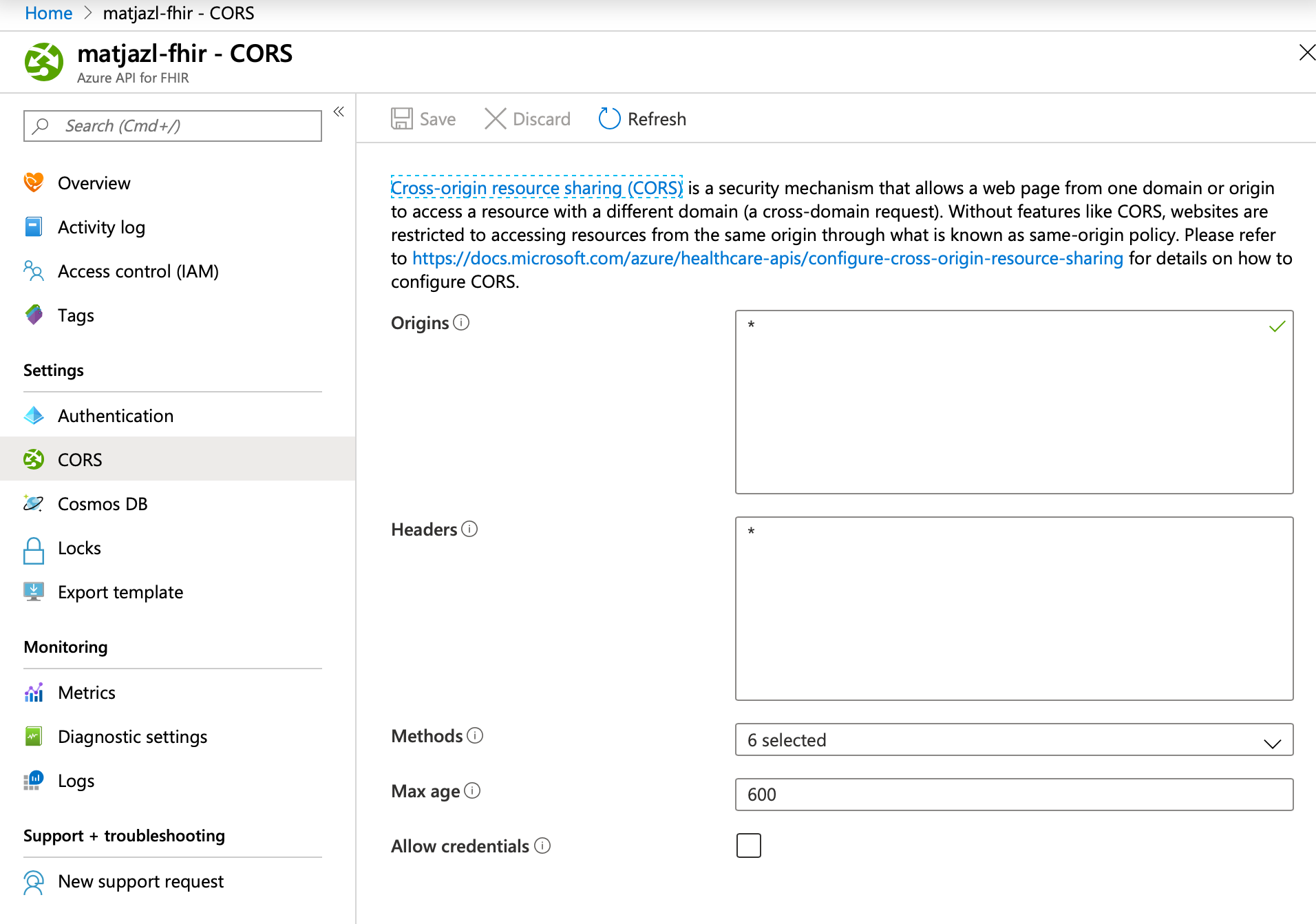 Cross-origin resource sharing (CORS) settings