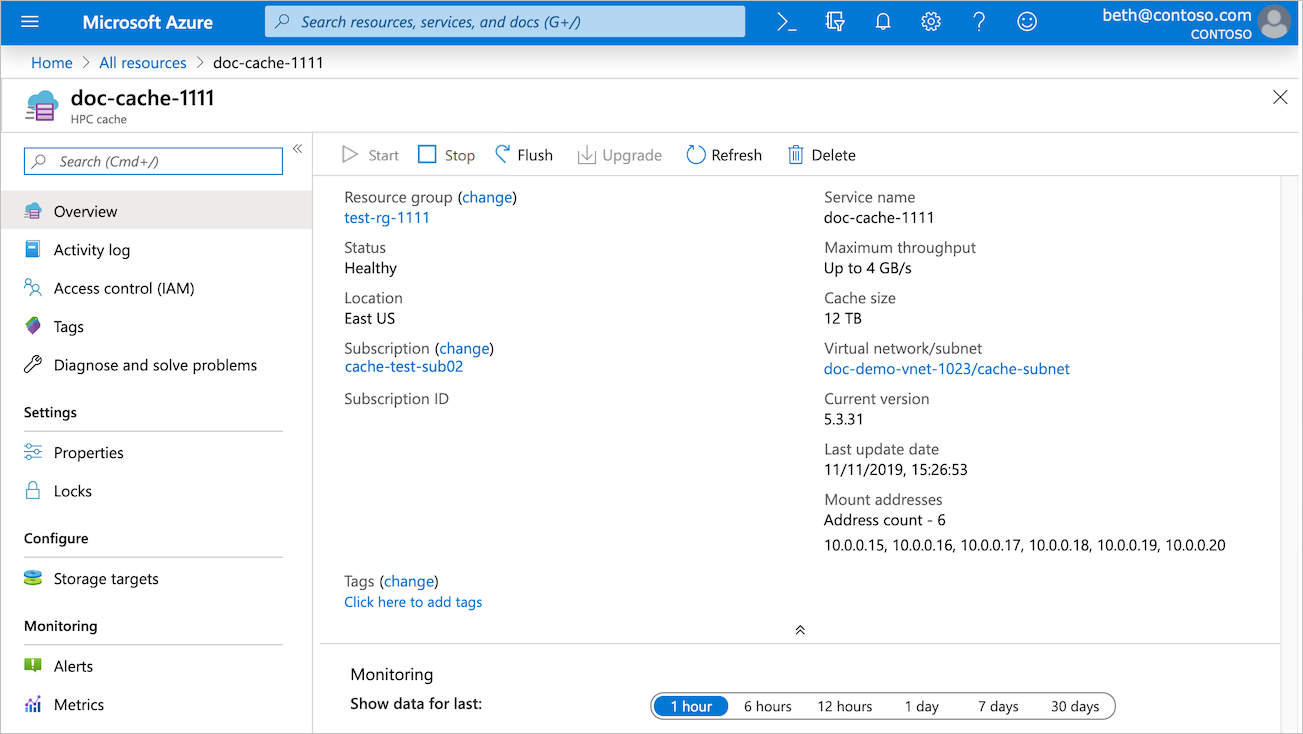 screenshot of Azure HPC Cache instance in Azure portal