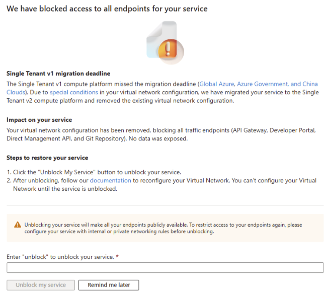 Screenshot of blocked access to API Management in the portal.