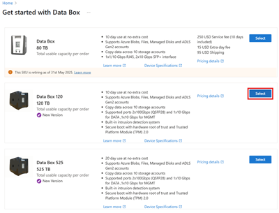Screenshot showing the screen for selecting an Azure Data Box product. The Select button for Data Box is highlighted.