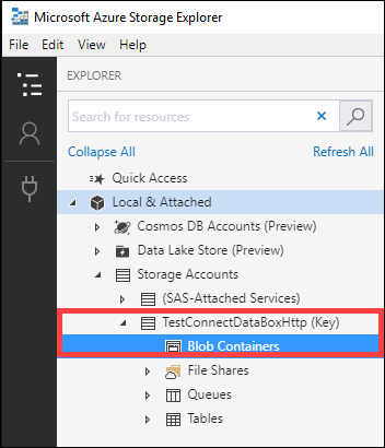 Screenshot shows the Explorer menu with Blob Containers selected.