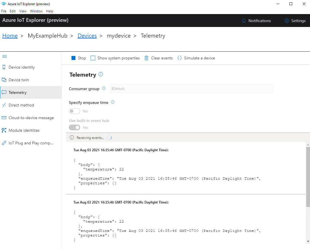 Screenshot of device telemetry in IoT Explorer