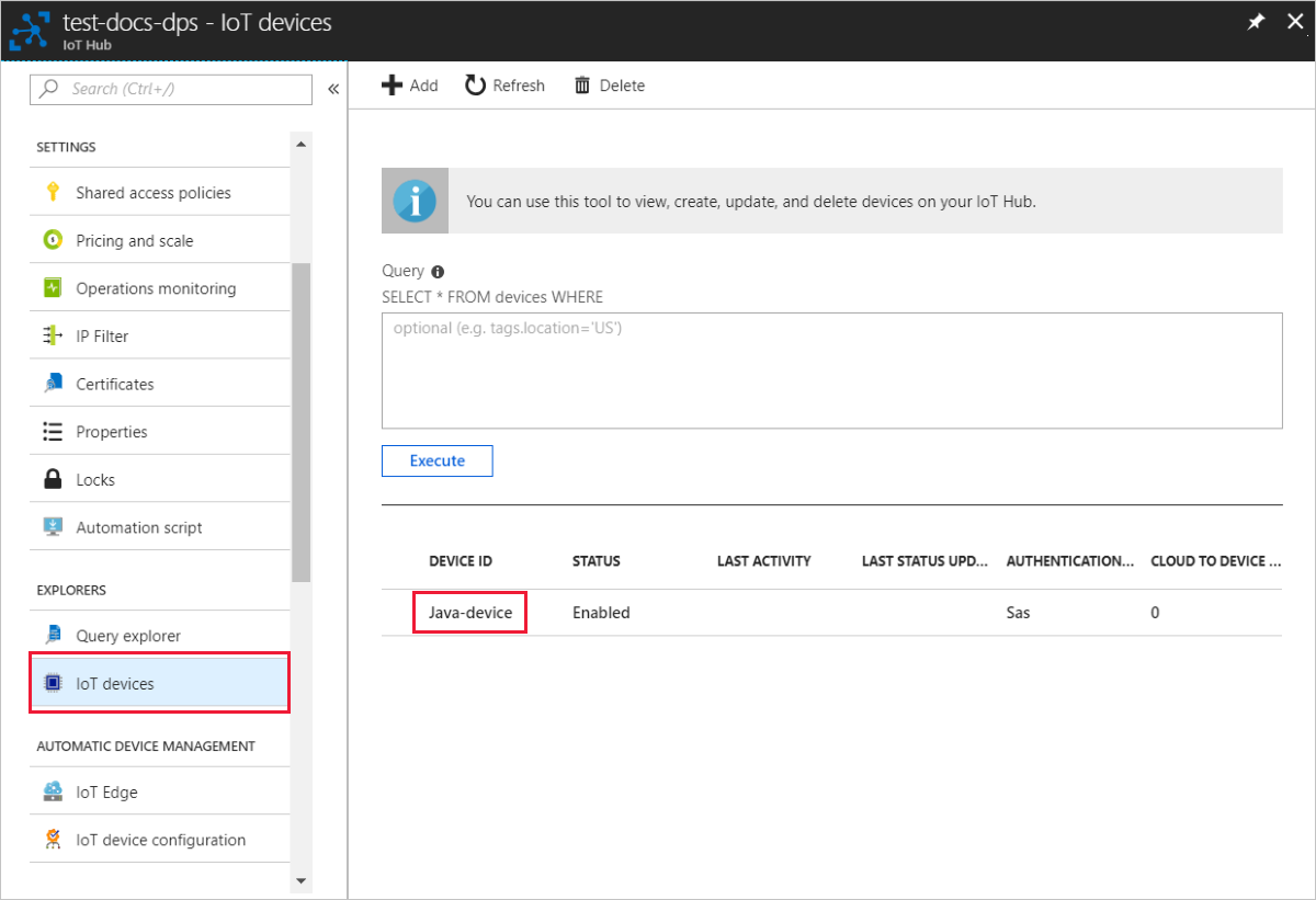 Device is registered with the IoT hub