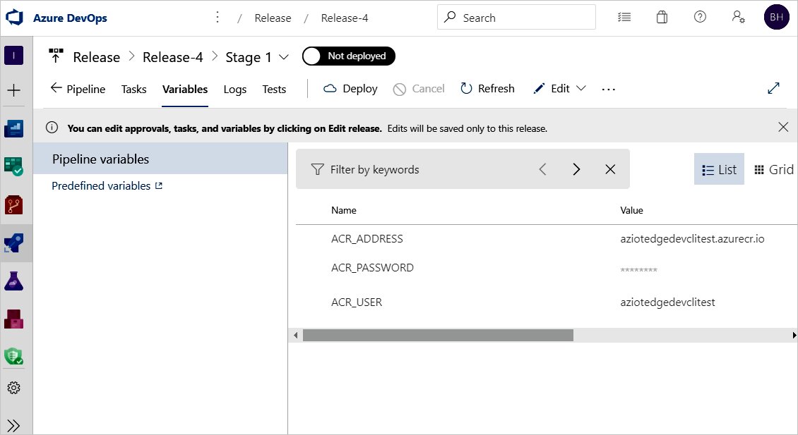 Configure the variables for your release pipeline in the Variables tab