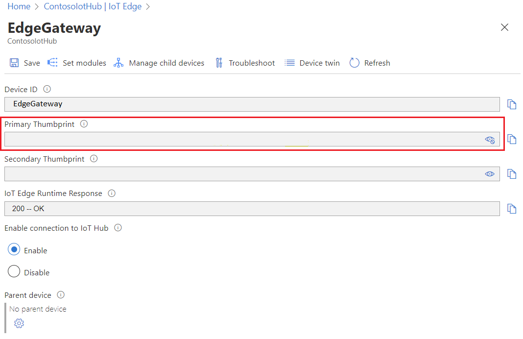 Screenshot from Azure portal of EdgeGateway device's thumbprint in ContosoIotHub.