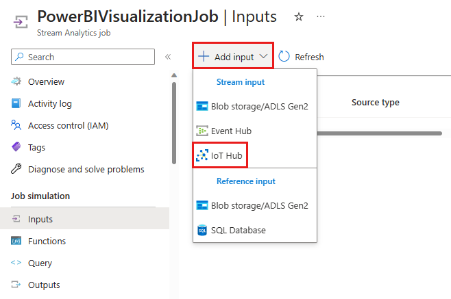 Screenshot that shows selecting IoT Hub from the add input menu.