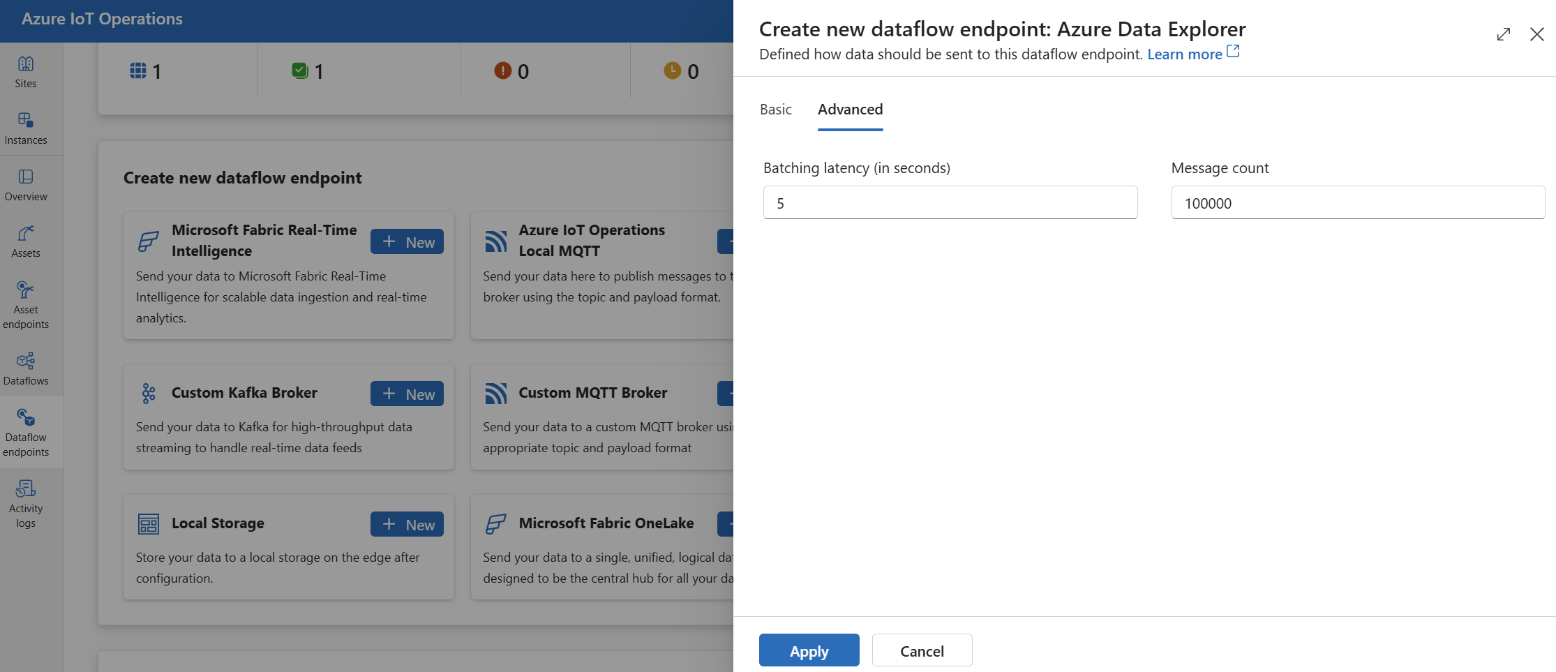 Screenshot using operations experience to set Azure Data Explorer advanced settings.