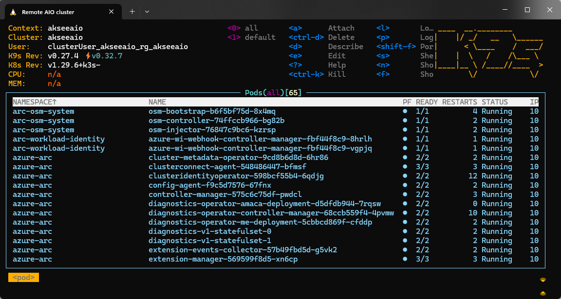 Screenshot that shows the default k9s view.