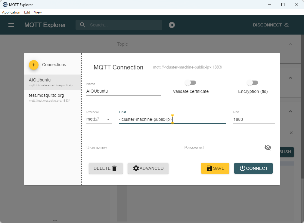 Screenshot that shows the MQTT Explorer remote host configuration.