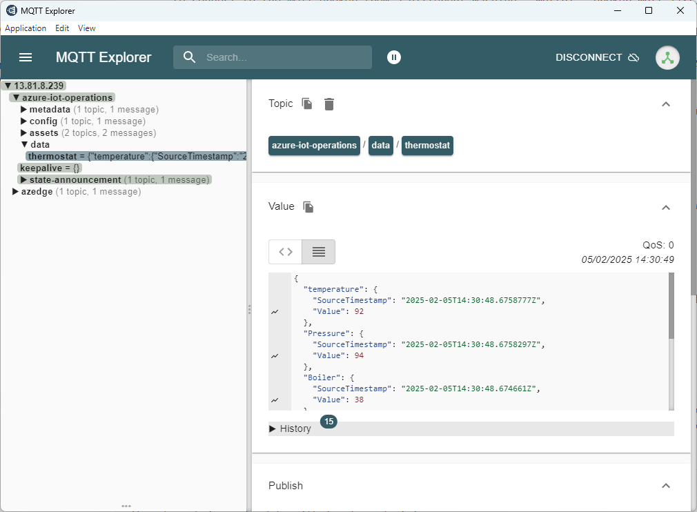 Screenshot that shows the MQTT Explorer subscribed to Azure IoT Operations topics.