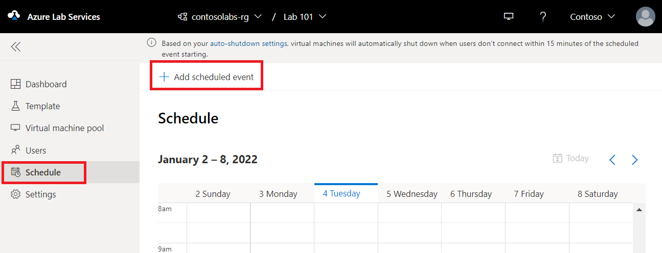 Screenshot that shows the Azure Lab Services "Schedule" page, with the Add schedule button selected.