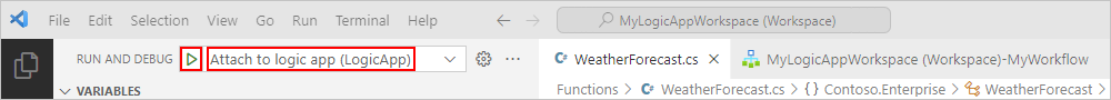 Screenshot shows Run and Debug list with Attach to logic app selected and Play button selected.